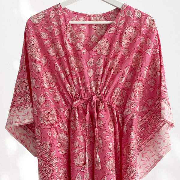 Pink Floral Print 100% Cotton Beach Kaftan