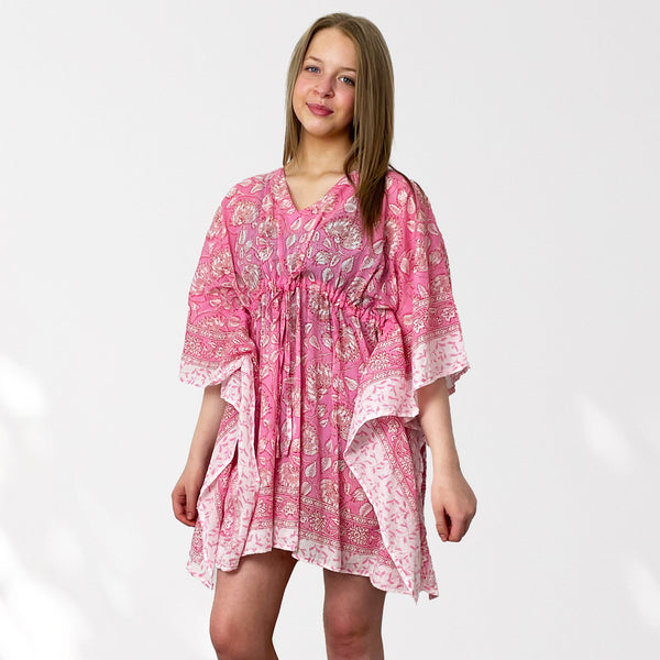 Pink Floral Print 100% Cotton Beach Kaftan