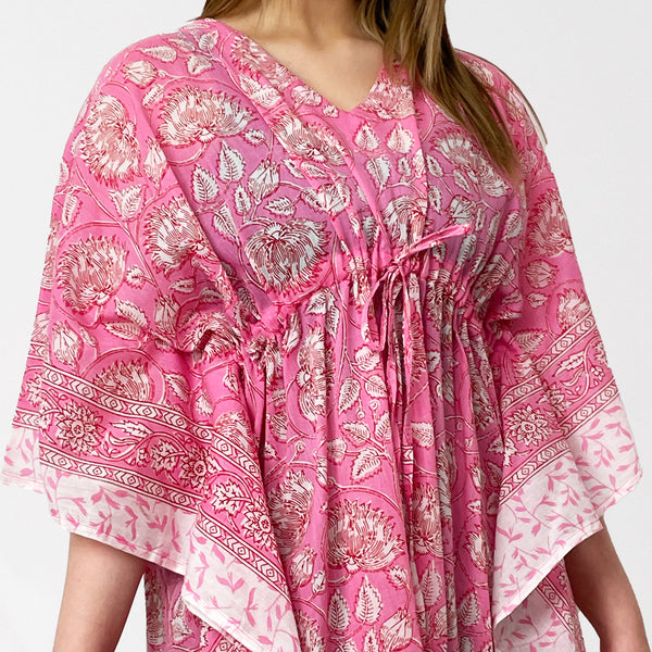 Pink Floral Print 100% Cotton Beach Kaftan