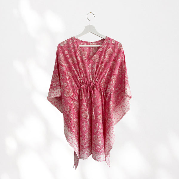 Pink Floral Print 100% Cotton Beach Kaftan