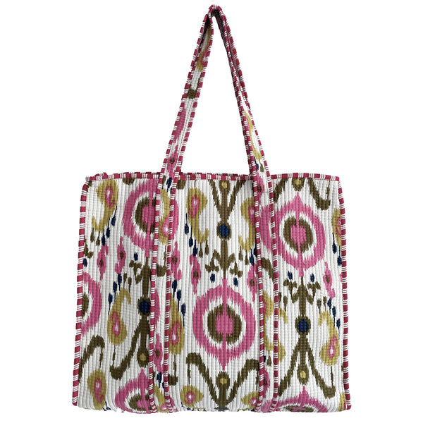 Pink and White Ikat Design Large Quilted Cotton Shoulder Bag