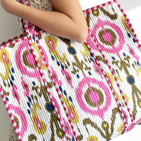 Pink and White Ikat Design Large Quilted Cotton Shoulder Bag