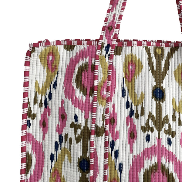 Pink and White Ikat Design Large Quilted Cotton Shoulder Bag