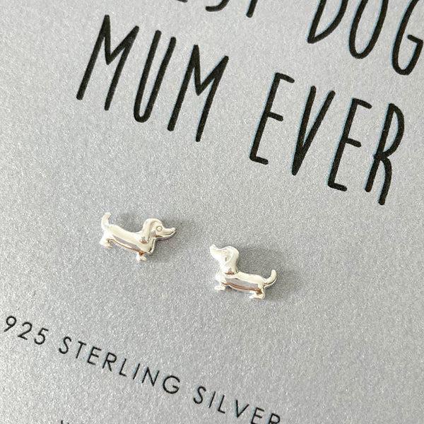 Sausage Dog 'Best Dog Mum' Sterling Silver Earrings