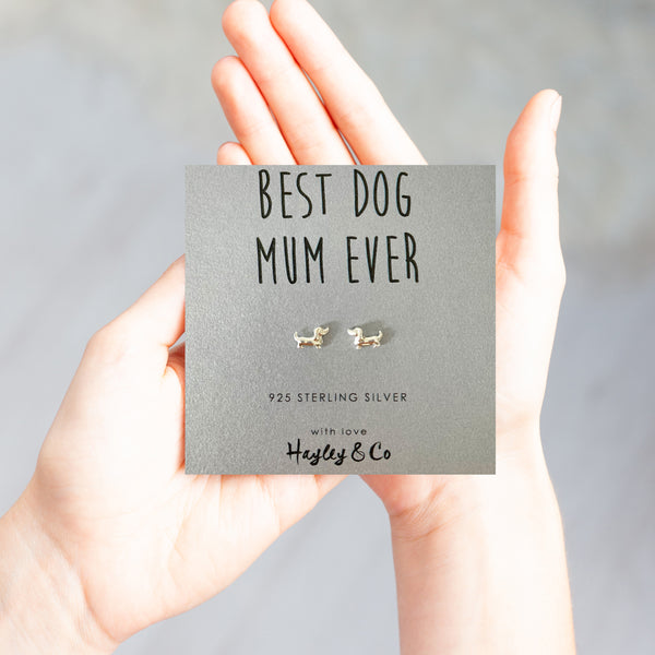 Sausage Dog 'Best Dog Mum' Sterling Silver Earrings