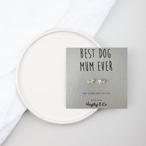 Sausage Dog 'Best Dog Mum' Sterling Silver Earrings