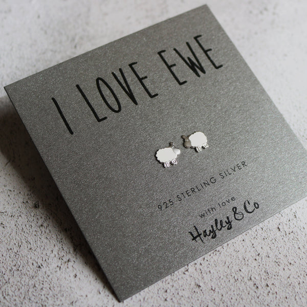 Sterling Silver Earrings - 'I love Ewe' Sheep Earrings