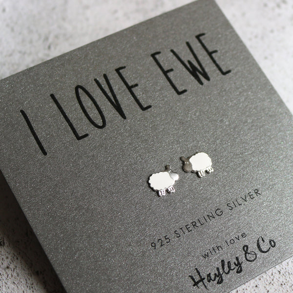 Sterling Silver Earrings - 'I love Ewe' Sheep Earrings