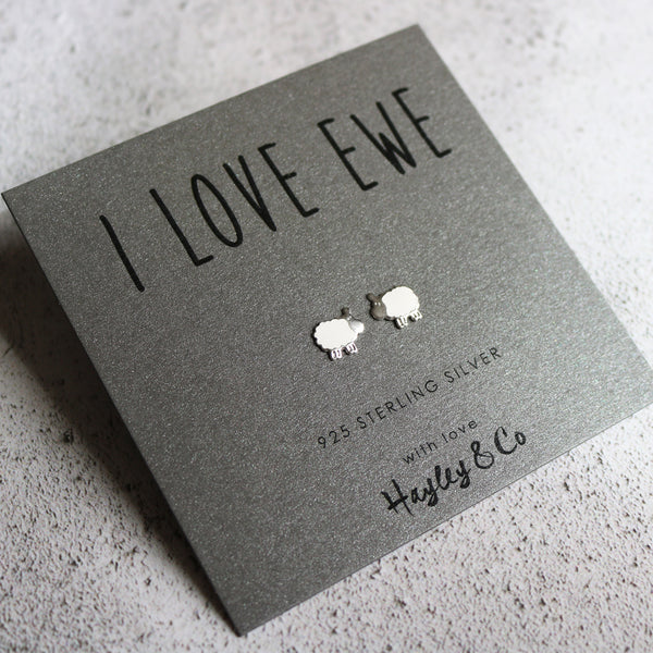 Sterling Silver Earrings - 'I love Ewe' Sheep Earrings