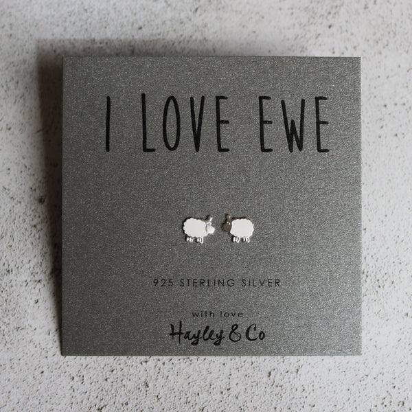 Sterling Silver Earrings - 'I love Ewe' Sheep Earrings