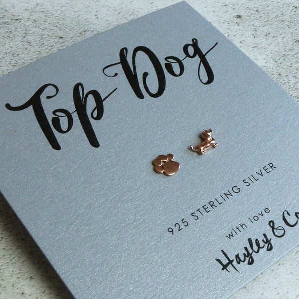 Paw Print and Sausage Dog Rose Gold Earrings