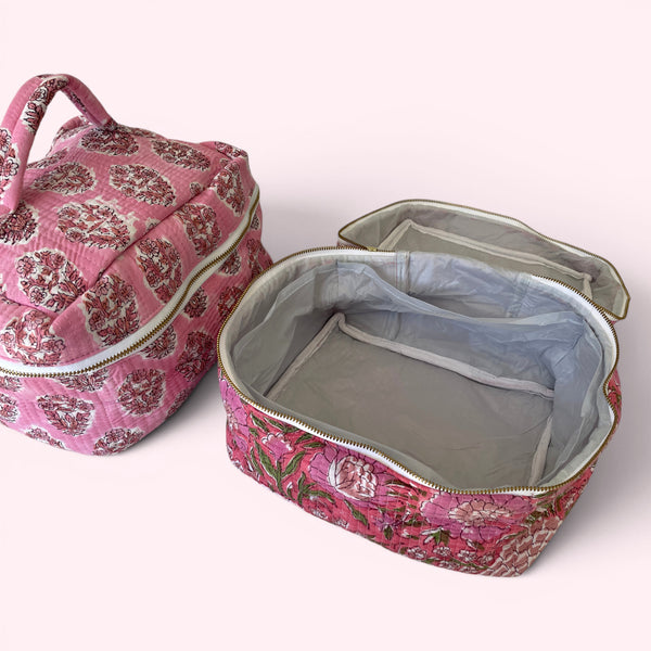 Vanity Bag - Quilted Cotton Toiletry Bag in Turquoise Block Print