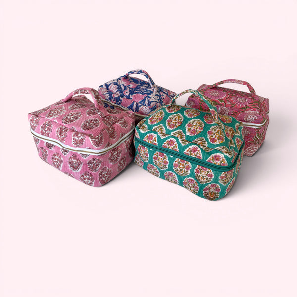 Vanity Bag - Quilted Cotton Toiletry Bag in Turquoise Block Print