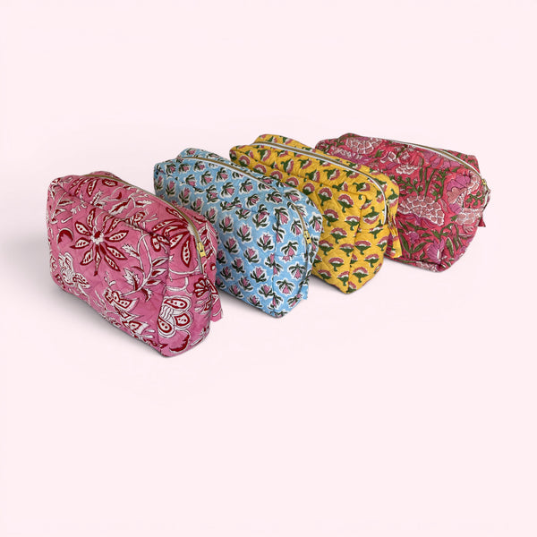 XL Toiletry Bag - Quilted Cotton Large Wash Bag in Pink Garden Floral Block Print