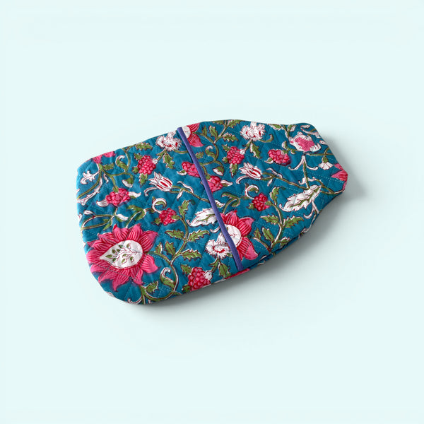 Hot Water Bottle Cover - Teal and Pink Cotton Block Print