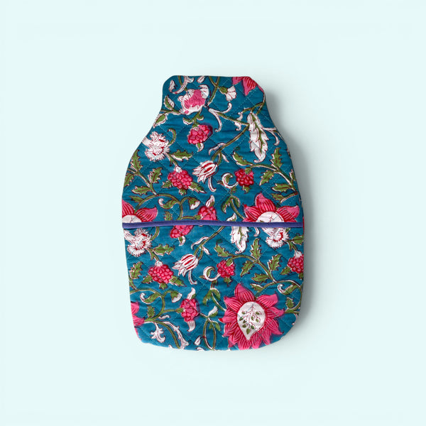 Hot Water Bottle Cover - Teal and Pink Cotton Block Print