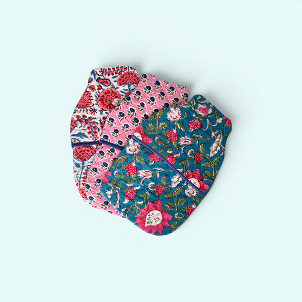 Hot Water Bottle Cover - Teal and Pink Cotton Block Print