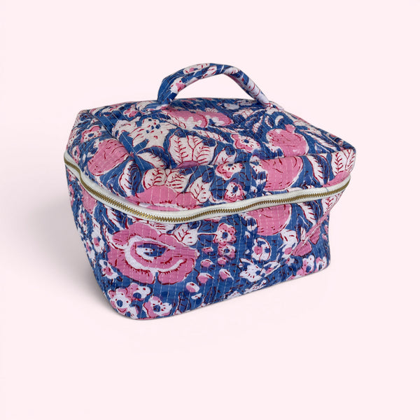 Vanity Bag - Quilted Cotton Toiletry Bag in Blue and Pink Floral Block Print
