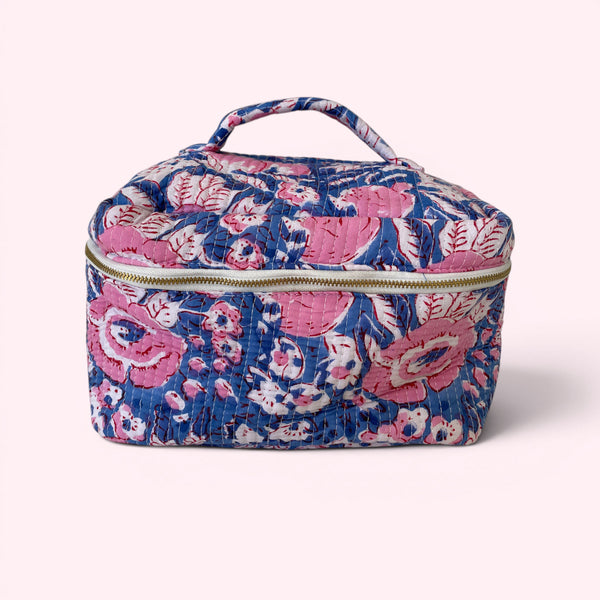 Vanity Bag - Quilted Cotton Toiletry Bag in Blue and Pink Floral Block Print