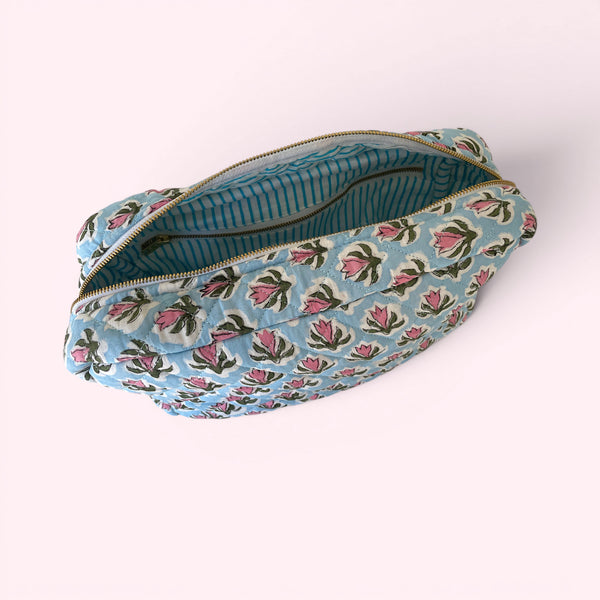XL Toiletry Bag - Quilted Cotton Large Wash Bag in Pale Blue and Pink Floral Block Print