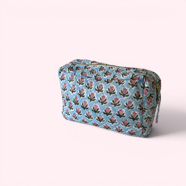 XL Toiletry Bag - Quilted Cotton Large Wash Bag in Pale Blue and Pink Floral Block Print