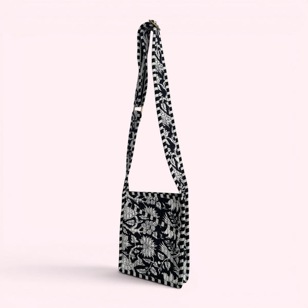 Mini Cross Body Bag - Black and White Block Print Floral