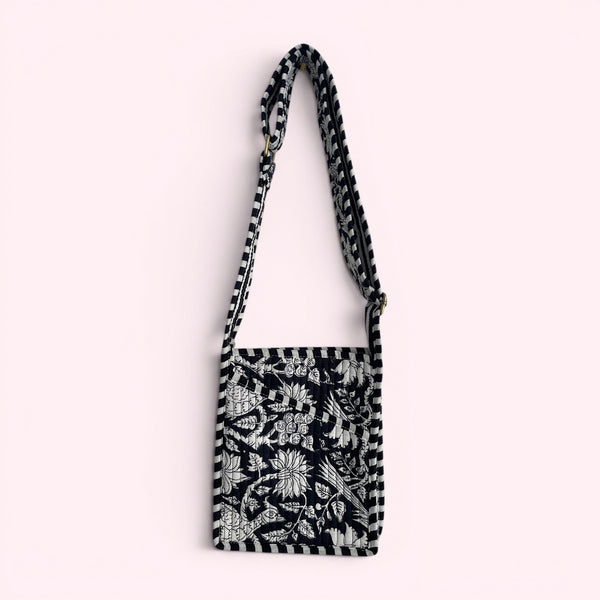 Mini Cross Body Bag - Black and White Block Print Floral