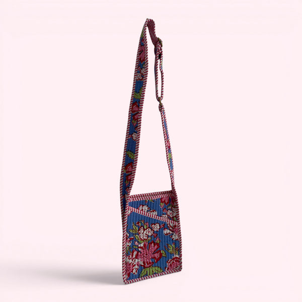 Mini Cross Body Bag - Denim Blue and Pink Block Print Floral