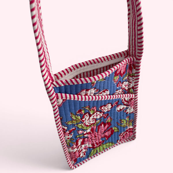Mini Cross Body Bag - Denim Blue and Pink Block Print Floral