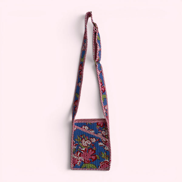 Mini Cross Body Bag - Denim Blue and Pink Block Print Floral