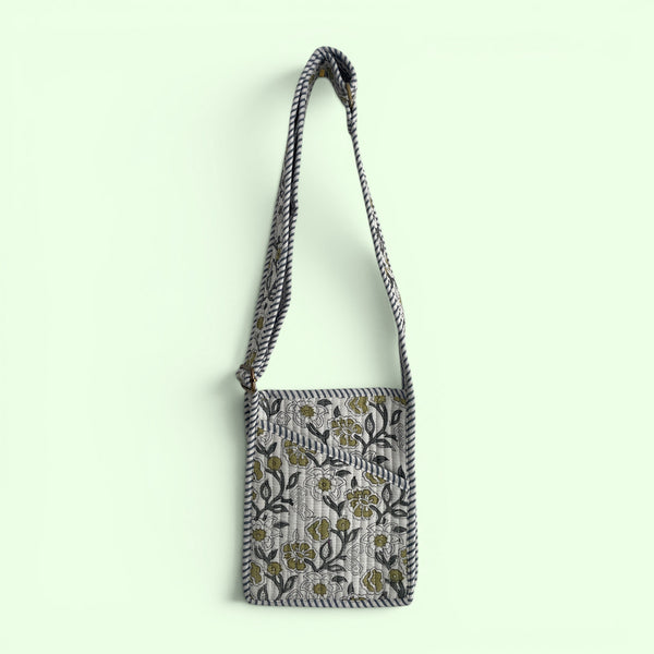 Mini Cross Body Bag - Grey and White Block Print Floral