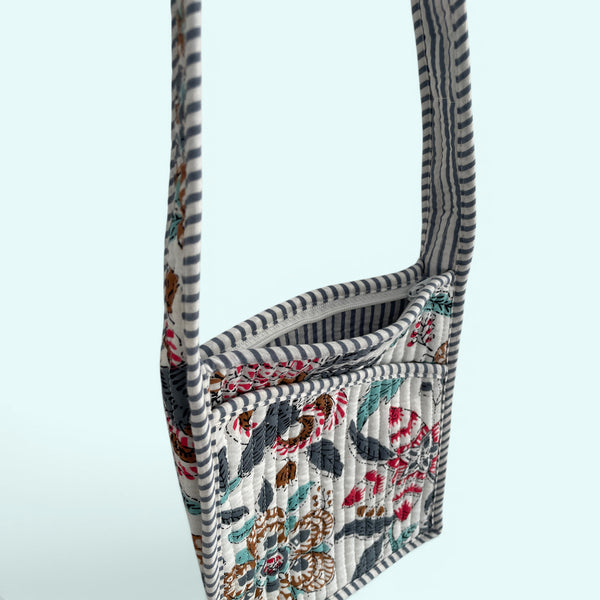 Mini Cross Body Bag - Grey with Turquoise and Red Block Print Floral
