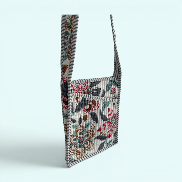 Mini Cross Body Bag - Grey with Turquoise and Red Block Print Floral
