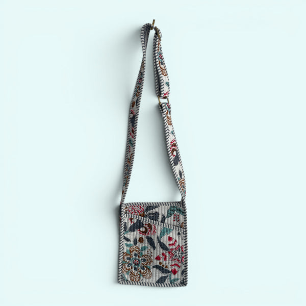 Mini Cross Body Bag - Grey with Turquoise and Red Block Print Floral