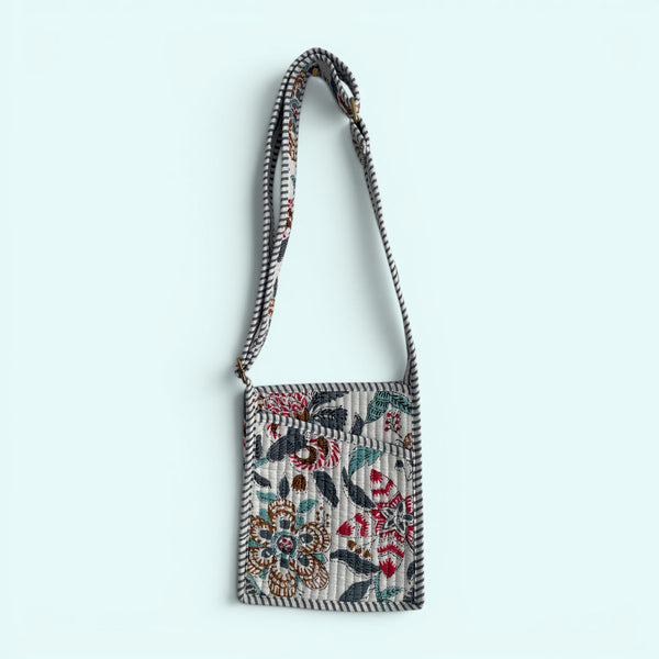 Mini Cross Body Bag - Grey with Turquoise and Red Block Print Floral