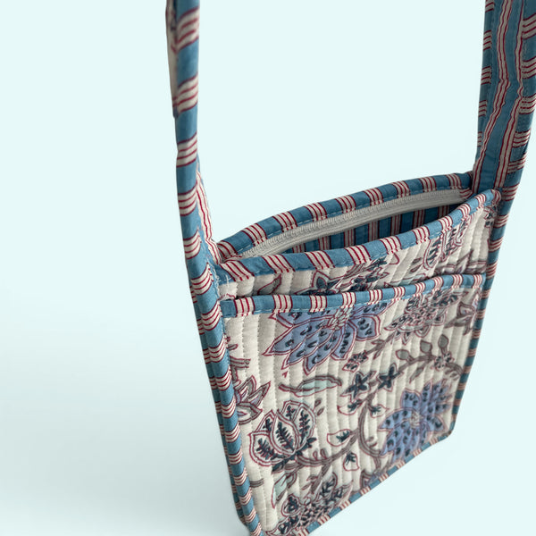 Mini Cross Body Bag - Pale Blue and White Block Print Floral