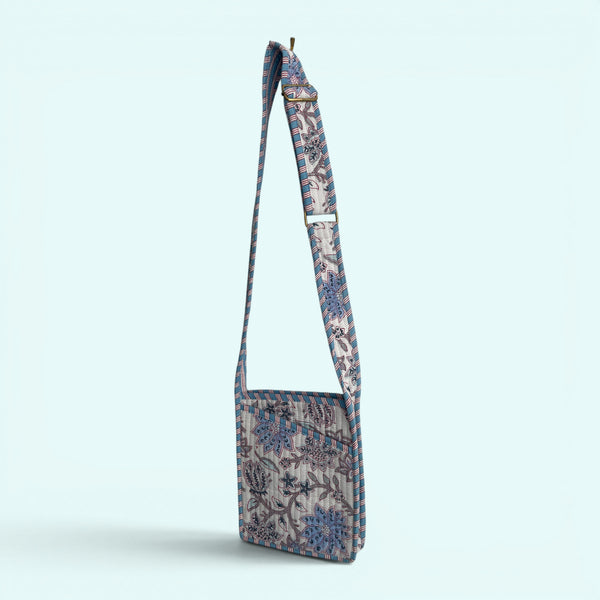Mini Cross Body Bag - Pale Blue and White Block Print Floral