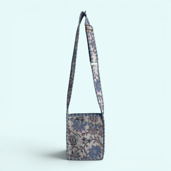 Mini Cross Body Bag - Pale Blue and White Block Print Floral
