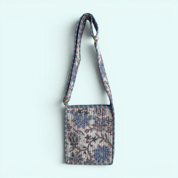 Mini Cross Body Bag - Pale Blue and White Block Print Floral