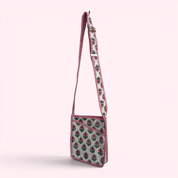 Mini Cross Body Bag - White, Pink and Green Mini Flower