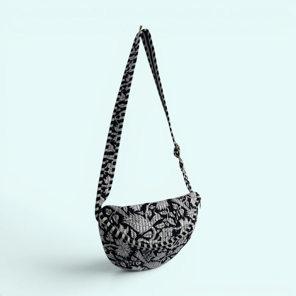 Cross Body Sling Bag - Black and White Block Print Floral Cotton