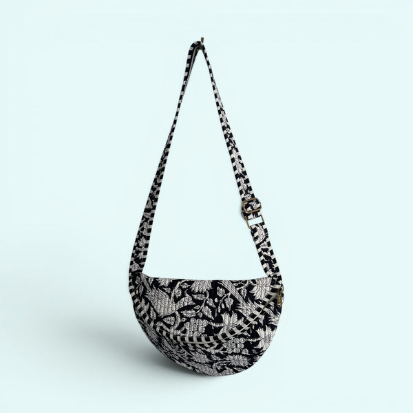 Cross Body Sling Bag - Black and White Block Print Floral Cotton