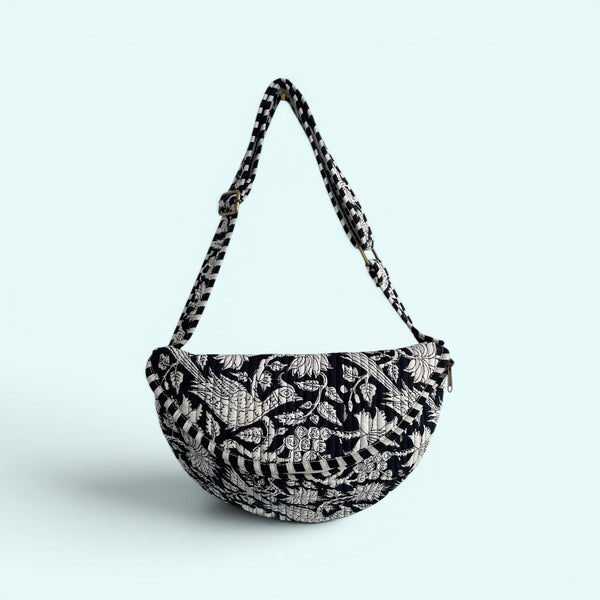 Cross Body Sling Bag - Black and White Block Print Floral Cotton