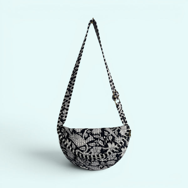 Cross Body Sling Bag - Black and White Block Print Floral Cotton