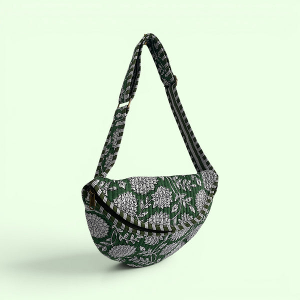 Cross Body Sling Bag - Green and White Block Print Floral Cotton