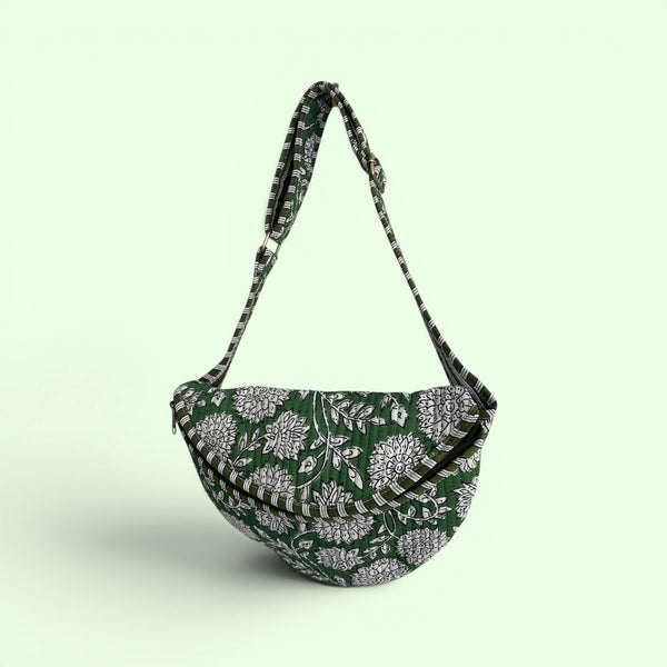 Cross Body Sling Bag - Green and White Block Print Floral Cotton