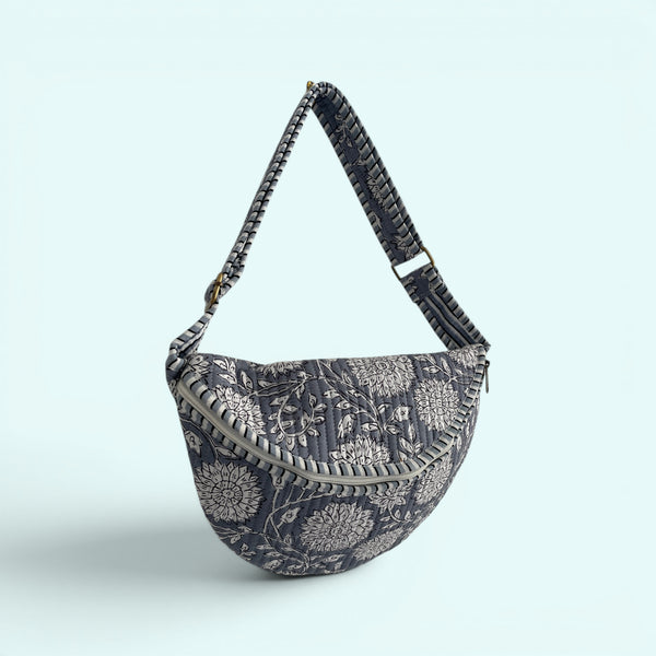 Cross Body Sling Bag - Grey and White Block Print Floral Cotton