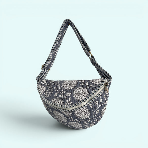 Cross Body Sling Bag - Grey and White Block Print Floral Cotton