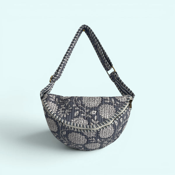 Cross Body Sling Bag - Grey and White Block Print Floral Cotton