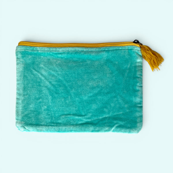 Embroidered Velvet Make Up Bag | Everyday Pouch | Daisy Floral in Turquoise